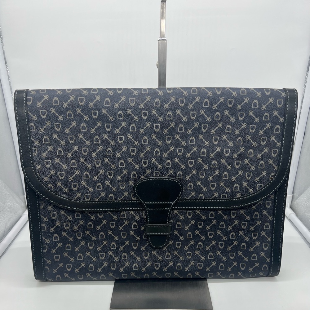 WHY INTERNATIONAL VINTAGE Coated Canvas Blue Leather Trim Portfolio Clutch